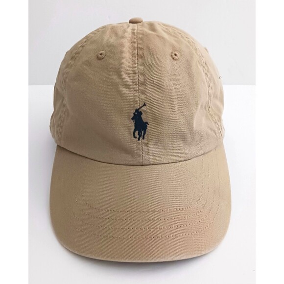 POLO Ralph Lauren Khaki Cotton Strapback Baseball Cap Navy Pony Logo - Picture 1 of 8